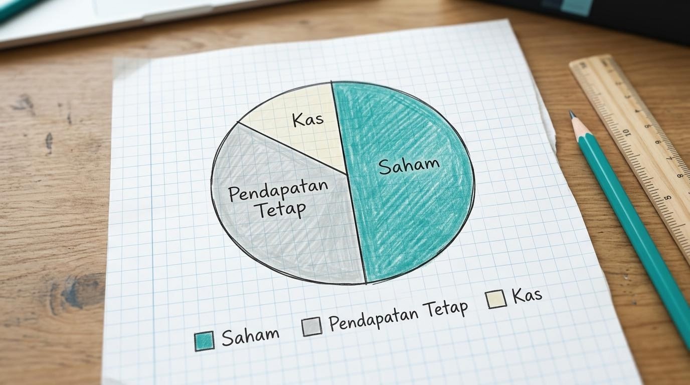 Diagram lingkaran proporsi aset dengan berbagai warna mewakili kelas aset yang berbeda