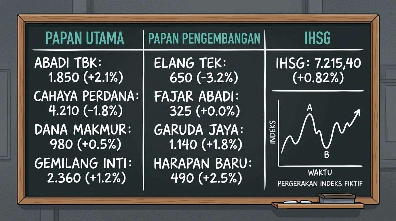 Papan perdagangan dengan angka indeks dan grafik garis sebagai ilustrasi edukasi pasar modal