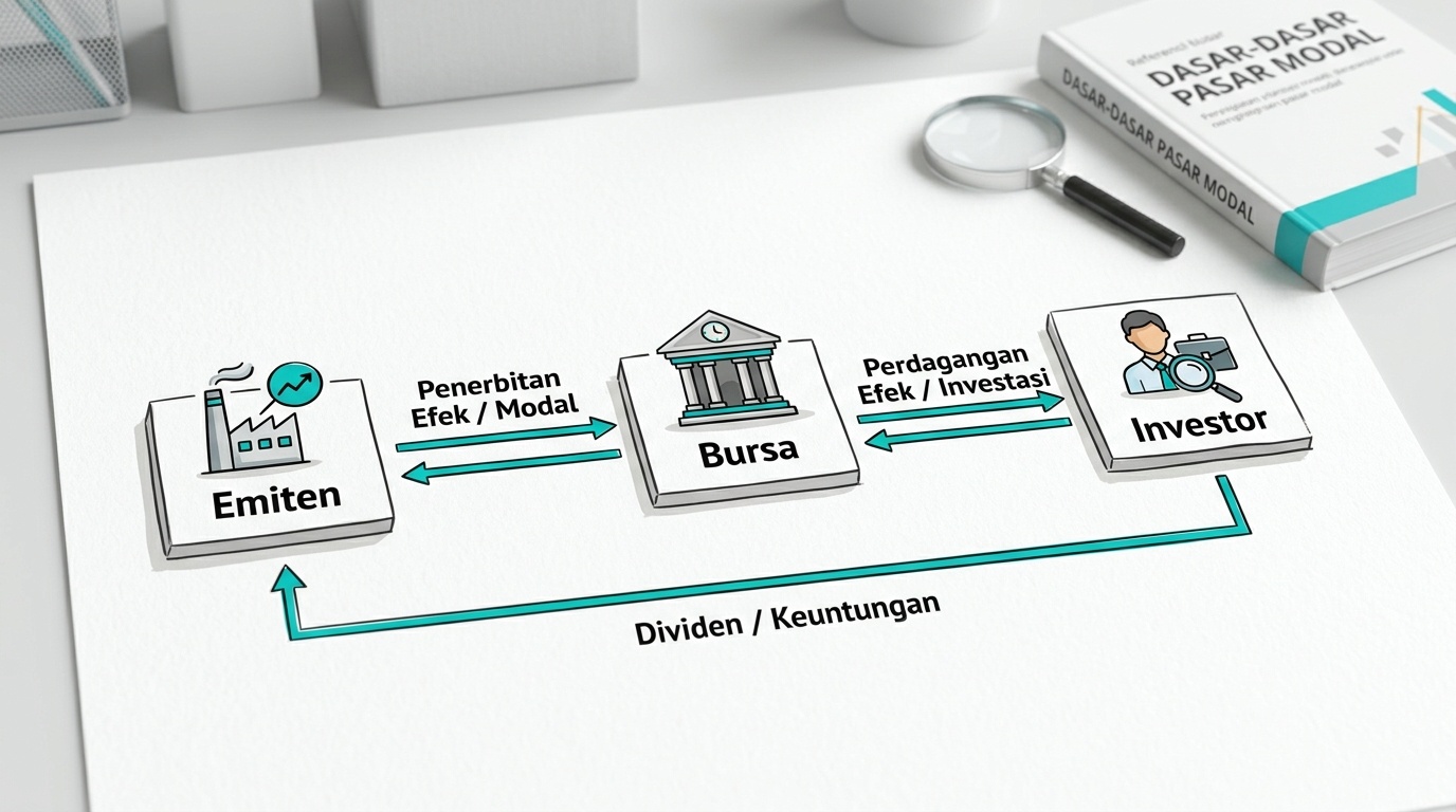 Ilustrasi editorial tentang bursa, emiten, dan perantara dalam mekanisme pasar modal