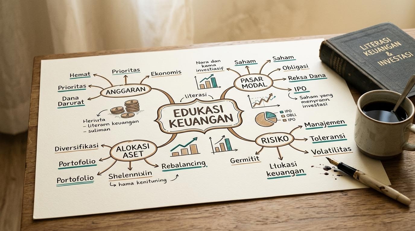 Meja editorial dengan peta pikiran literasi keuangan dan dokumen bertinta teal di atas kertas gading