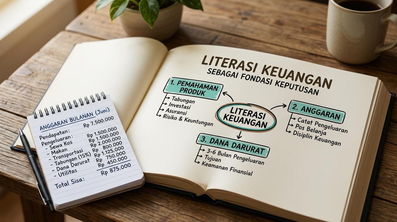 Buku terbuka dengan peta konsep literasi keuangan dan catatan anggaran pribadi