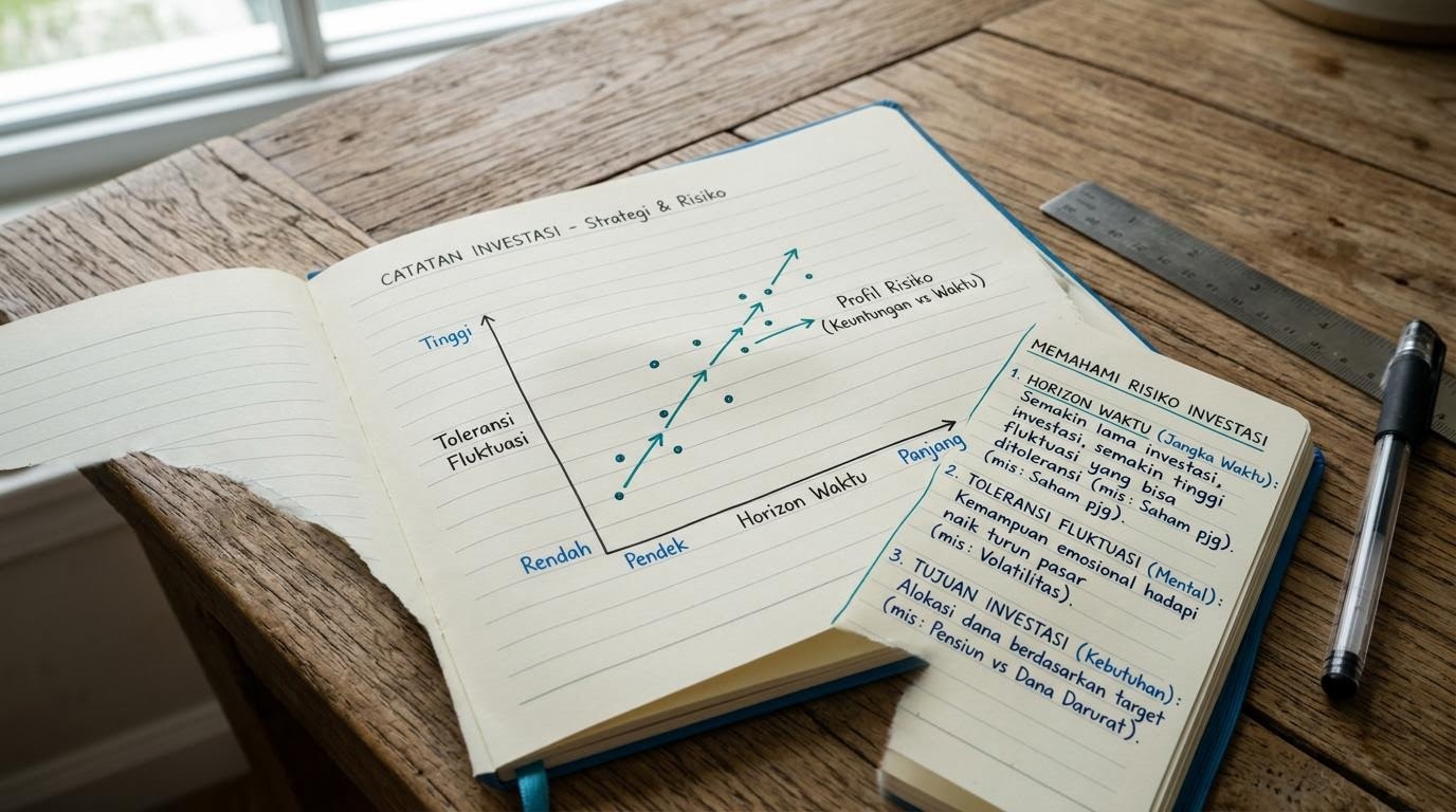 Buku catatan dengan diagram toleransi risiko dan horizon waktu investasi